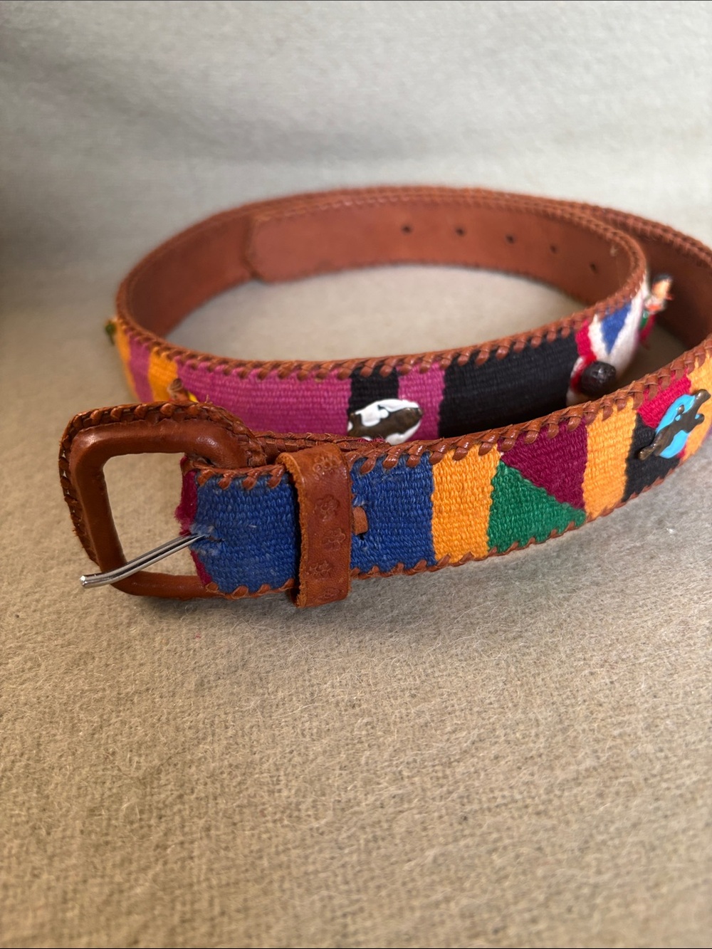 Hand Crafted Multicolor Woven Leather-Trim Belt - Blue, Orange, Green, Pink